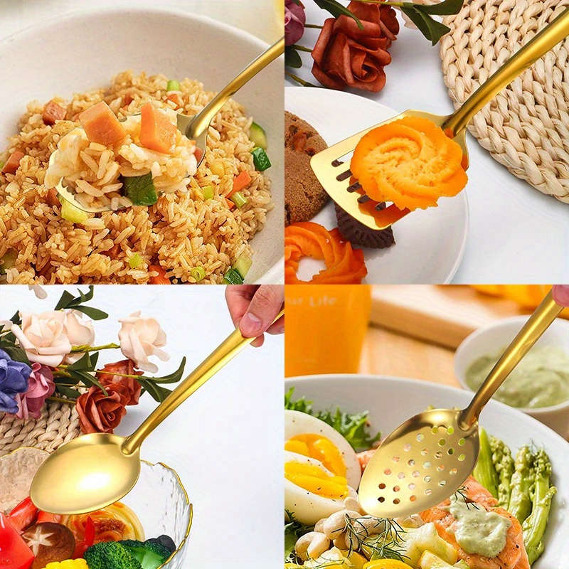 6pcs Gold-Plated Stainless Steel Kitchen Utensil Set Includes Soup Spoon Colander Frying Sh