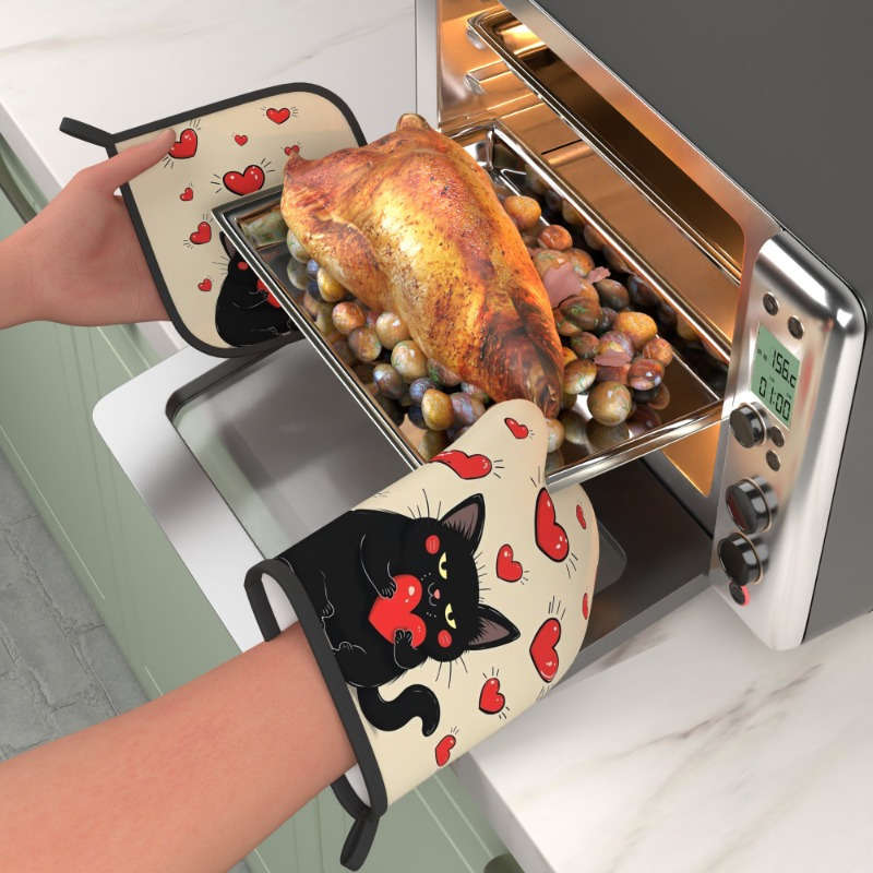 2pcs 26.92x17.02 cm Heat Resistant Oven Mitts And Potholders Fun Creative Picture Cat Holding R