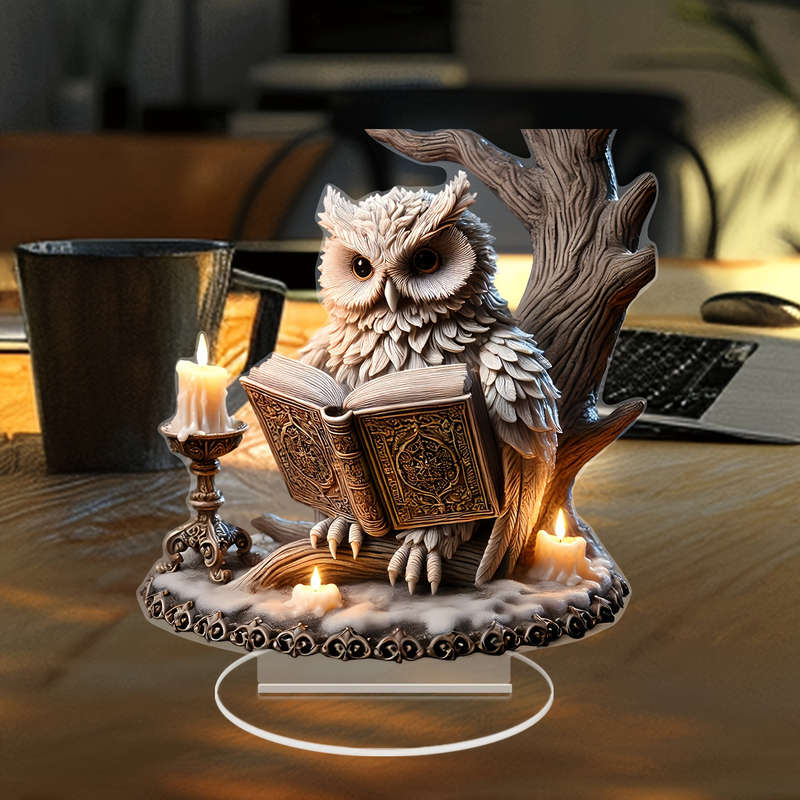 1pc 2D Flat  Retro Crystal Owl Reading Sculpture-  Acrylic Desktop Decoration Whimsical Animal T