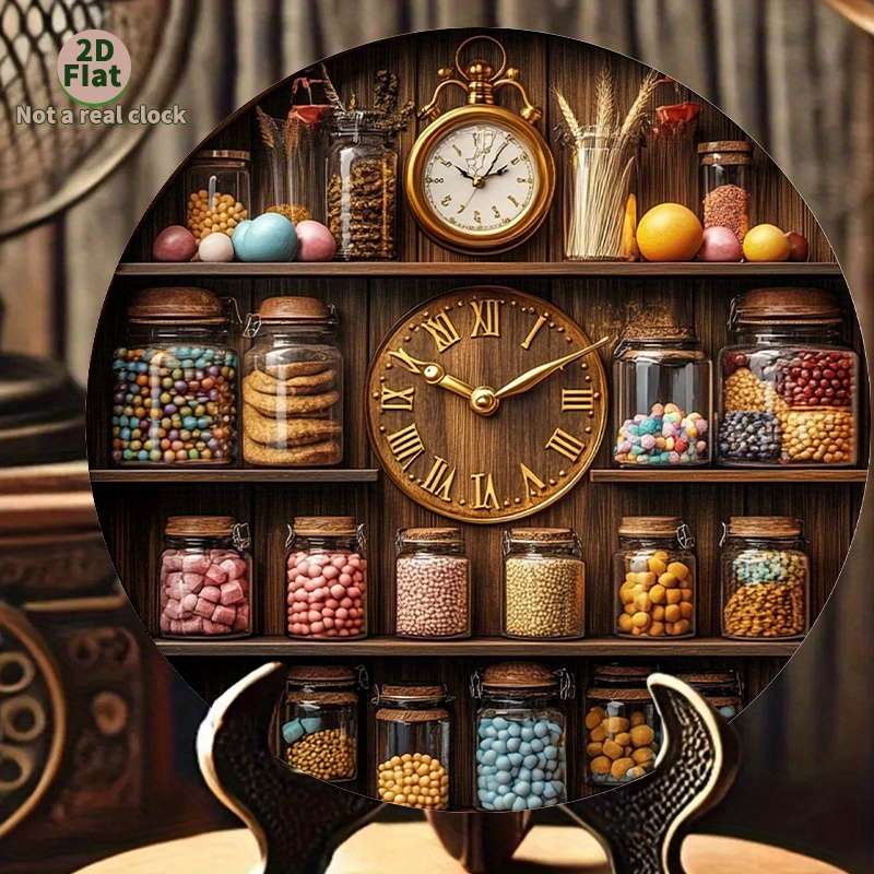 1pc 2D Flat Vintage Kitchen Wall Clock with Wooden Shelf Glass Jar Display 2D Flat Not real clock