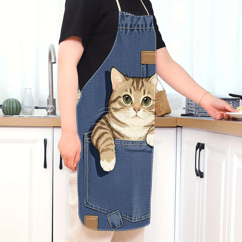 1pc Adult-Sized Linen Apron with Cute Cat in Pocket Design Sleeveless Blue Denim Kitchen Wear Ide