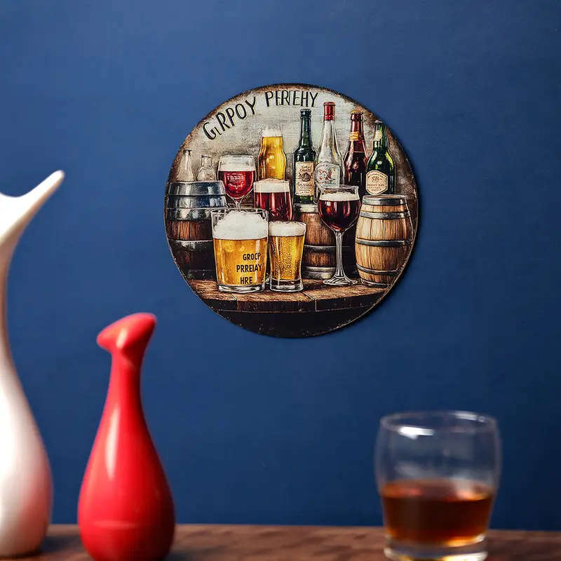 1pc Beer Wine Themed Round Aluminum Wall Hanging Sign 19.81 cm Diameter Ideal for Home Farmhouse Caf