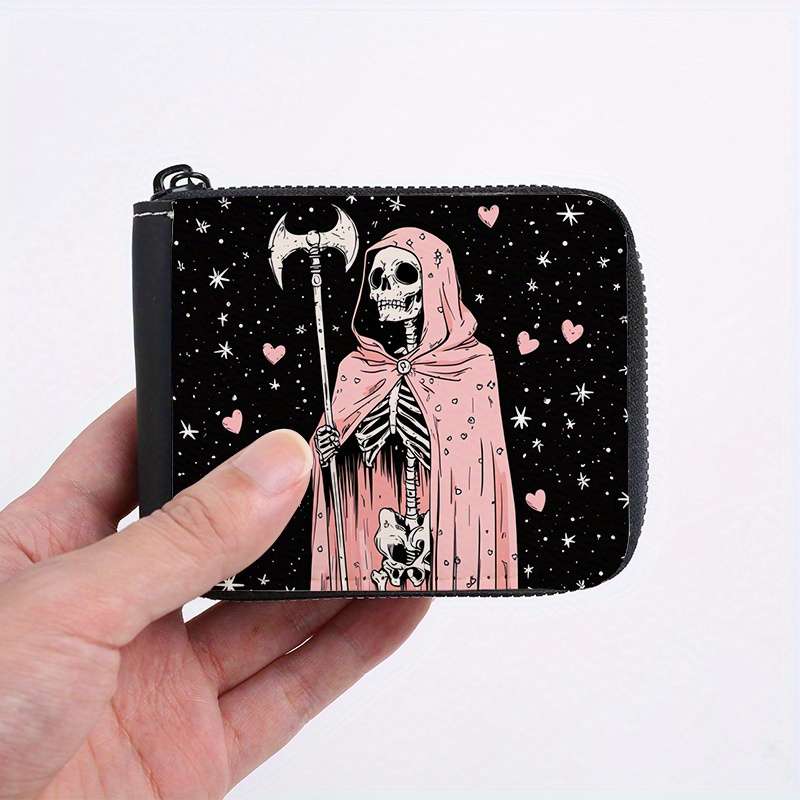 1pc Grim Reaper Pink Skull Print Wallet with 9+2 Card Slots C Stylish Zippered Purse for Everyday U