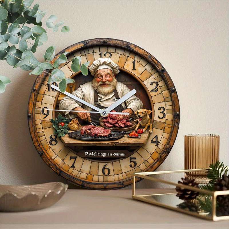 1pc Vintage Chef-Themed Wooden Wall Clock 24.89cm Round Silent Non-Ticking Timepiece Farmhouse Ki