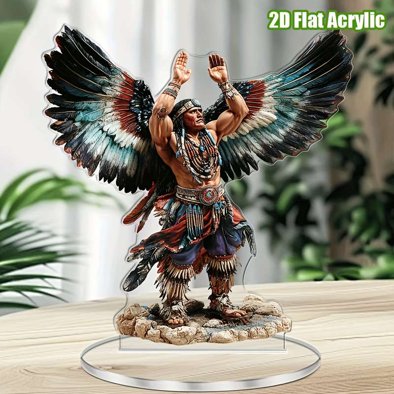 1pc 2D Flat  Acrylic Native American Warrior Figure with Vibrant Feathered Wings Inspirational Boh
