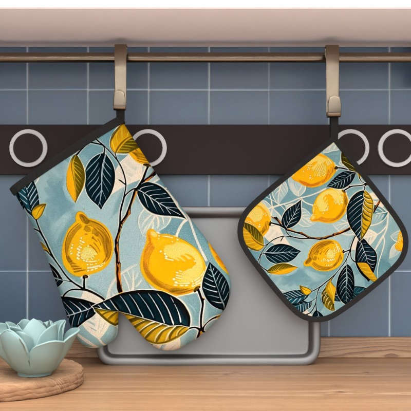 2pcs Lemon Leaf Pattern Oven Mitts Heat Resistant Non-Slip Kitchen Gloves for Baking Grilli