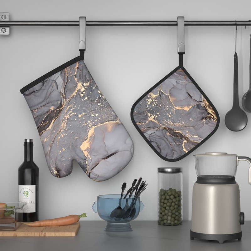2pcs Grey Marble Pattern Polyester Oven Mitts Heat Resistant Potholders Machine Washable Wov