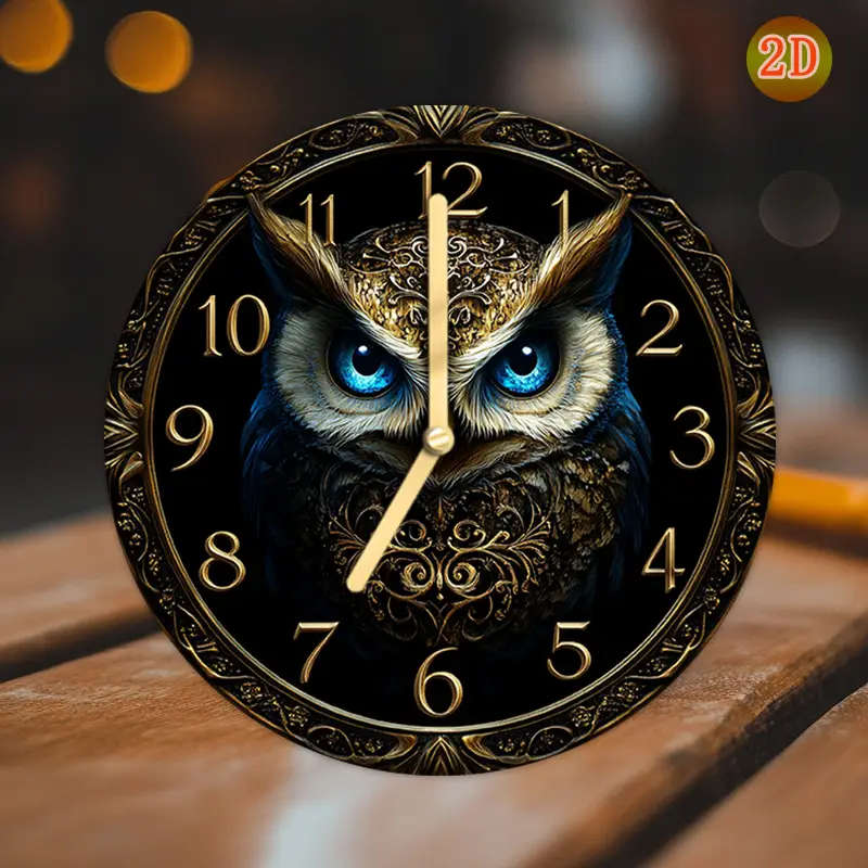 1pc Round Silent Wooden Wall Clock 2D Flat Owl Design Manufactured Wood Dry Battery Power AA Battery