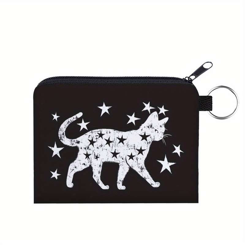 1pc Stylish Black Cat Star Print Polyester Coin Purse C High Quality Portable Zipper Pouch for K