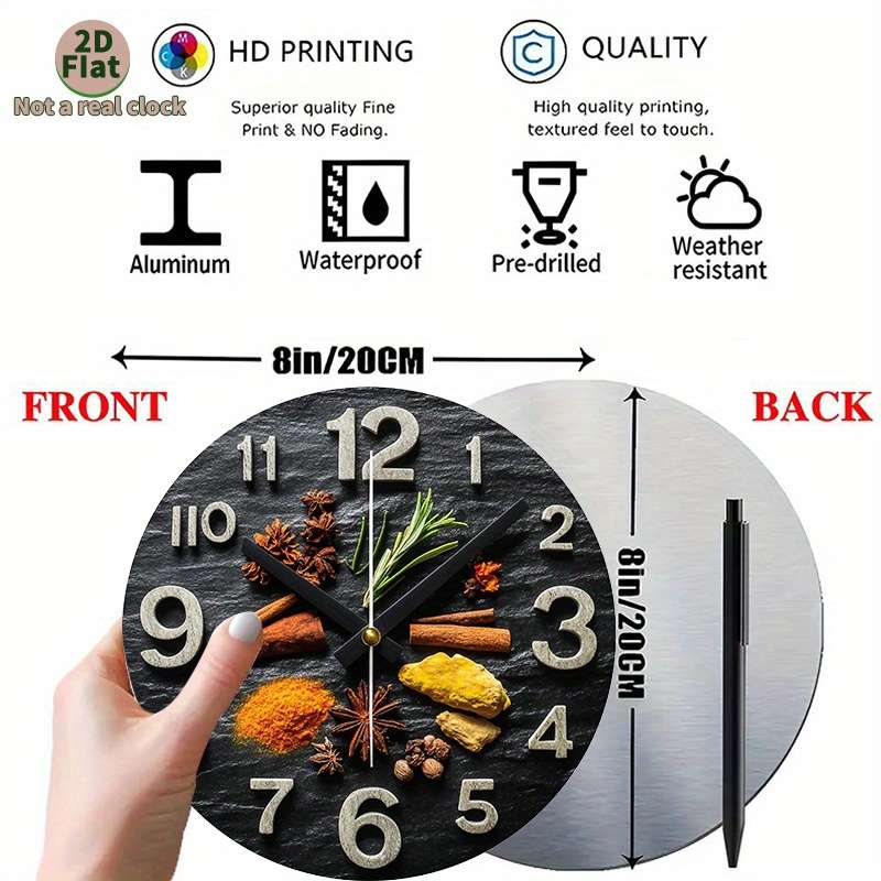 1pc 2D Flat Non-Real Clock Modern Spice-Themed Wall Clock with Black Glossy Stone Design Aluminum