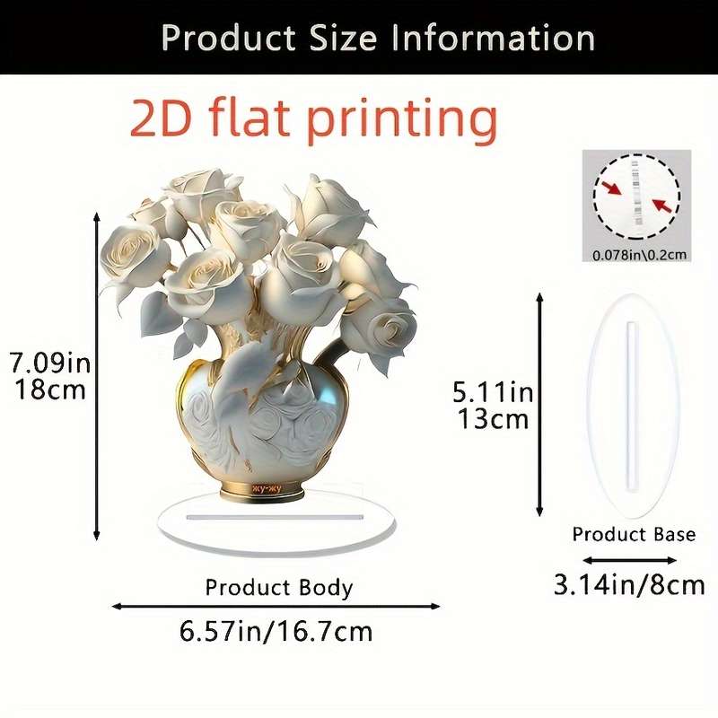 1pc 2D Flat  Elegant  Acrylic White Rose Desktop Decor with Golden Vase 18.01cm x 16.69cm Flora
