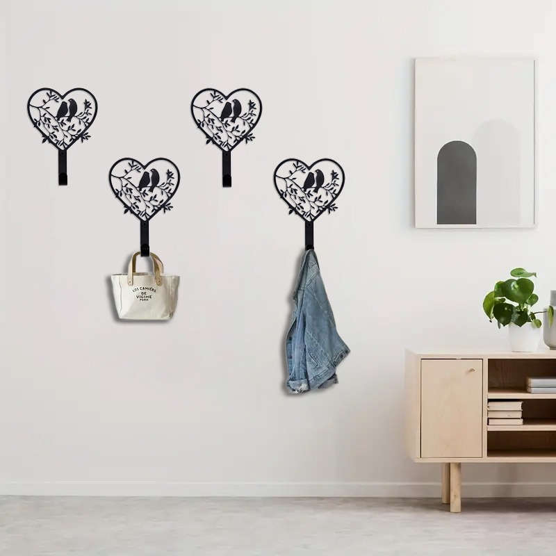 Stylish Stainless Steel Heart Wall Hook with Birds and Leaves Design Elegant Key Towel and Coat