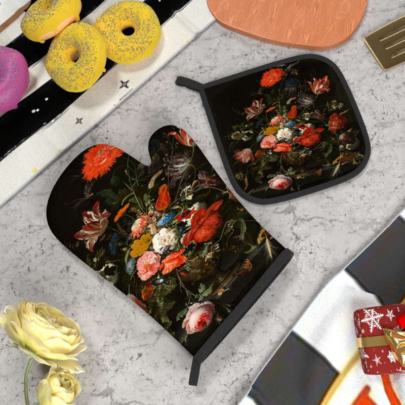 2pcs Floral Oven Mitts Pot Holders Heat Resistant Decorative Kitchen Gloves with Vibrant R