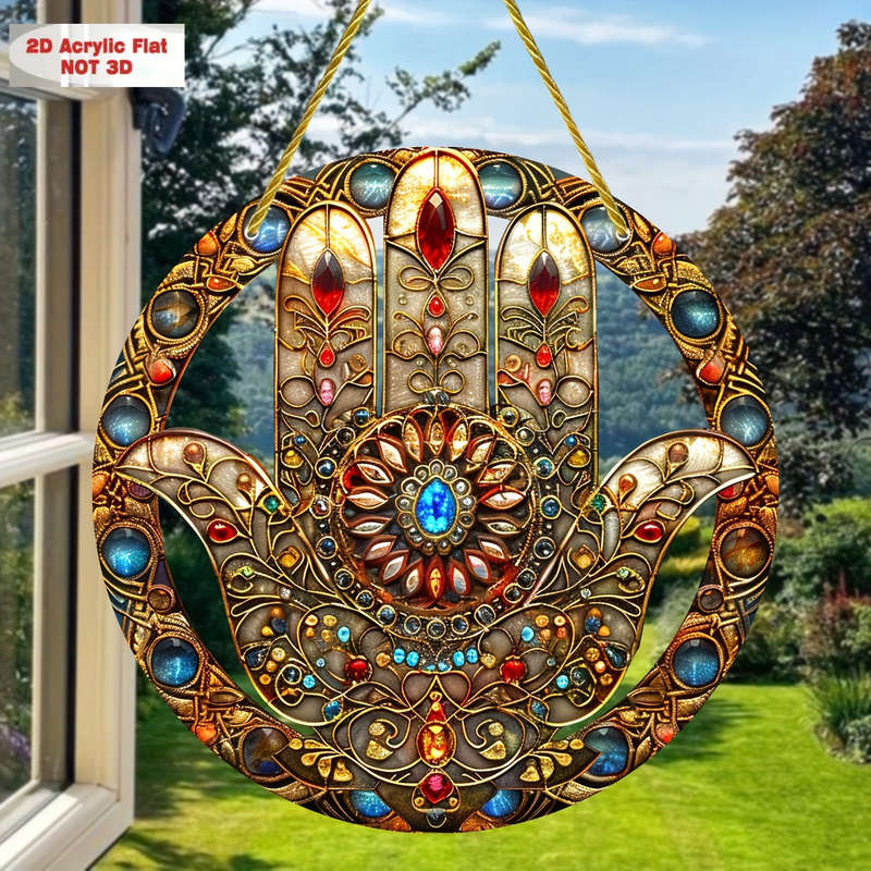 1pc 2D Flat  Bohemian Hamsa Hand Sun Catcher  Acrylic Window Hanging Decor with Colorful Staine