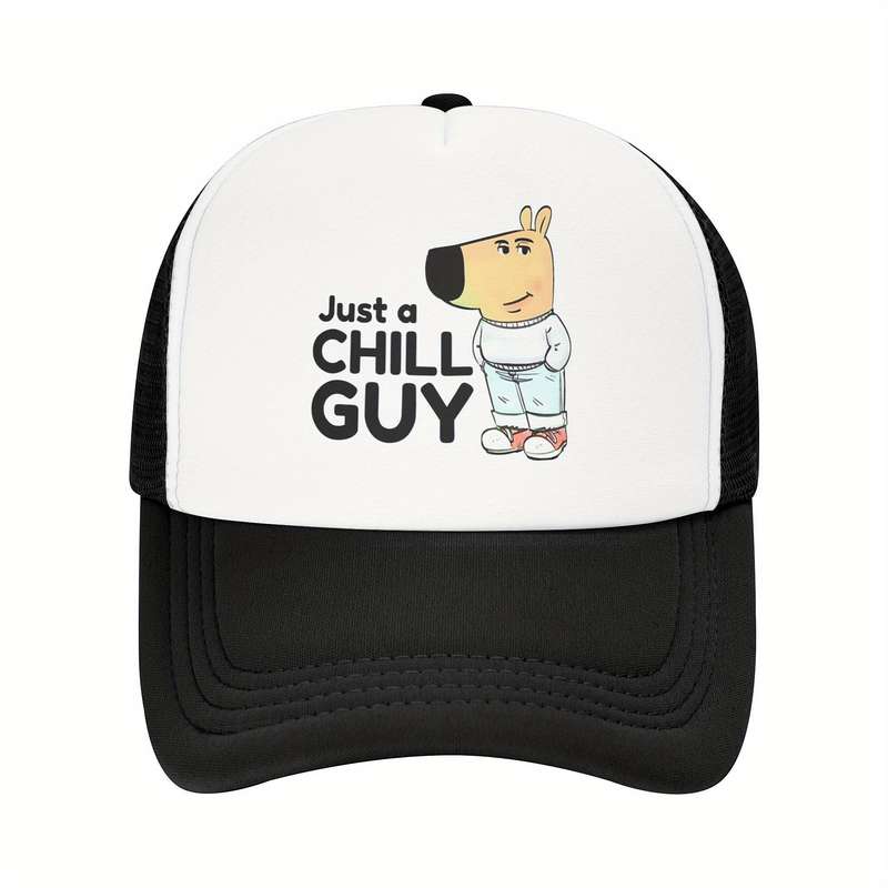 1pc Chill Guy Cartoon Print Baseball Cap 100% Polyester Adjustable Snapback Trucker Hat Lightwei