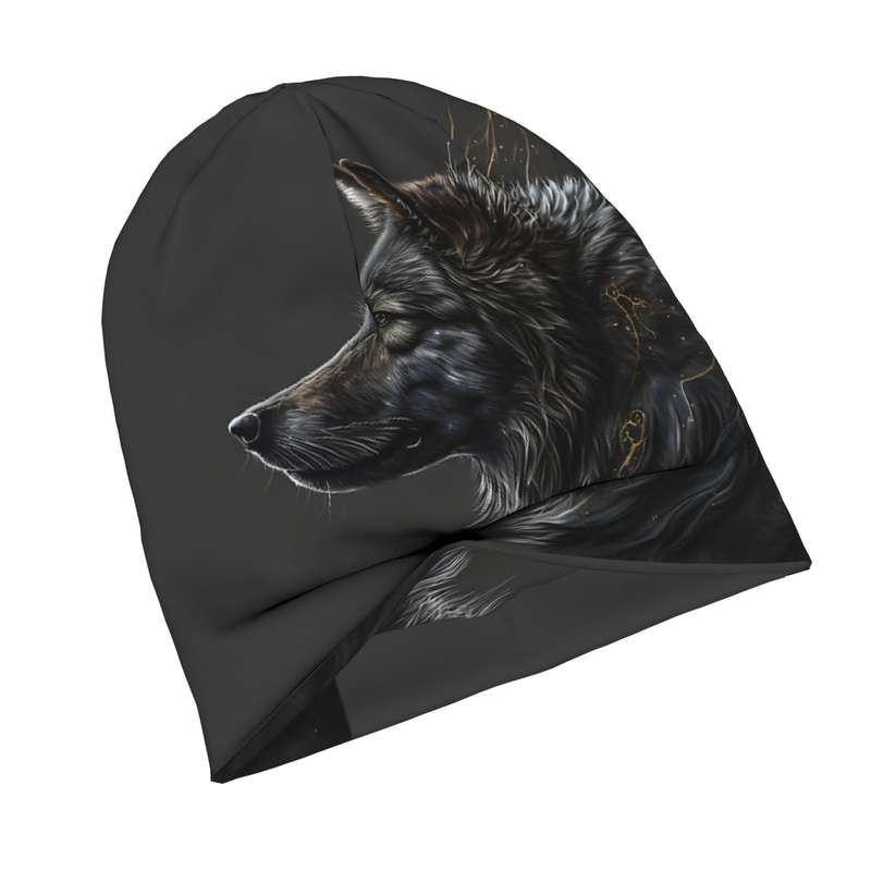 1pc Hip Hop Beanie Hat with Night Moon Wolf Greeting Skull Cap Design Fashionable Knit Polyester a