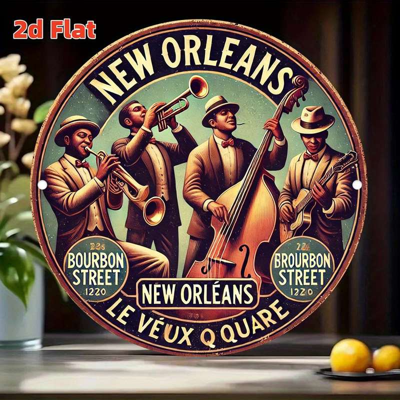 1pc 2D Flat Vintage New Orleans Jazz Band 2D Aluminum Wall Art Rustic Round Decorative Plaque w