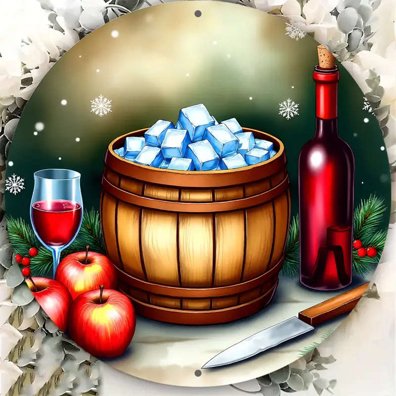 1pc Festive 20.32x20.32cm Round Aluminum Wreath Sign with Wooden Barrel Ice Design Perfect for Holid