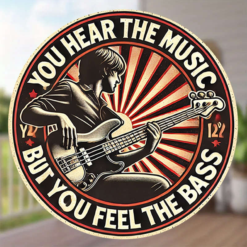 1pc Retro 8-Inch Round Metal Sign with Electric Bass Guitar Design 'You Hear the Music But You F