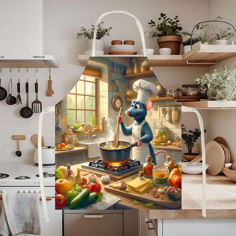 1pc Disney Ratatouille Cute Cartoon Apron Linen Print Vibrant Kitchen Scene Design Perfect