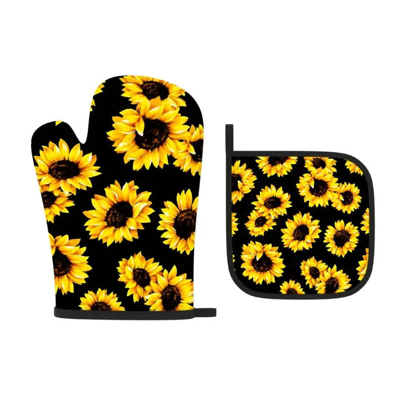2pcs Sunflower Oven Mitt Set Heat Resistant Polyester Kitchen Gloves and Potholders Woven Machine Wa