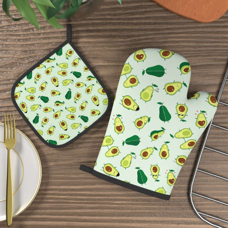 2pcs Avocado Pattern Oven Mitt Set Heat Resistant Polyester Kitchen Accessories Machine Washa