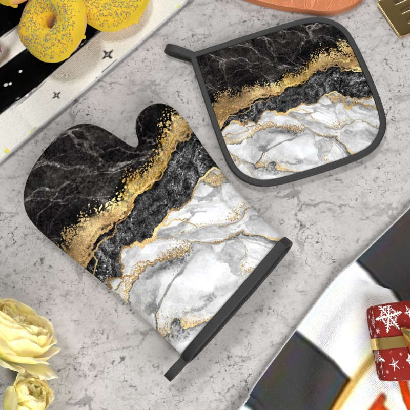 2pcs Marble Pattern Oven Mitt Set 26.92x17.02 cm Heat Resistant Polyester Kitchen Gloves and