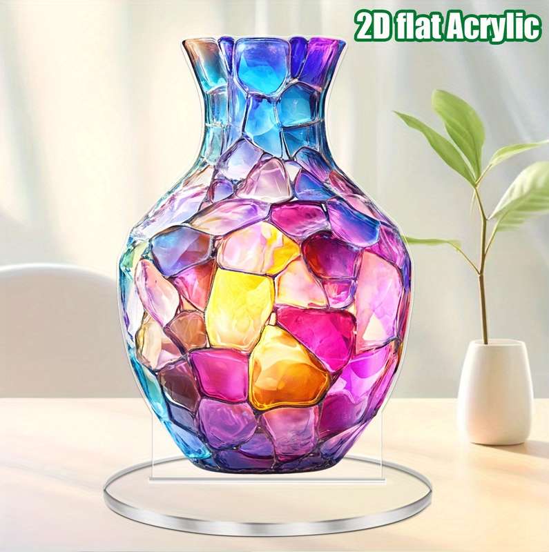 1pc 2D Flat  Acrylic Bohemian Vase Vibrant Mosaic Design Multi-Purpose Tabletop Decor for Home O