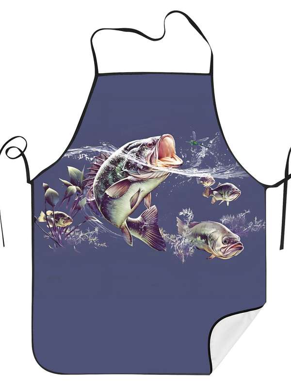 1pc Vintage-Style Fish Pattern Apron for Chefs BBQ Enthusiasts Durable 100% Polyester Easy-Car