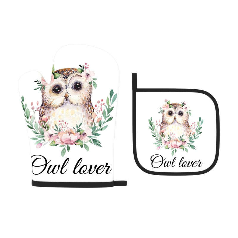 2pcs Set Owl Lover Themed Polyester Oven Mitts and Pot Holders 26.92x17.02 cm Heat Resistant