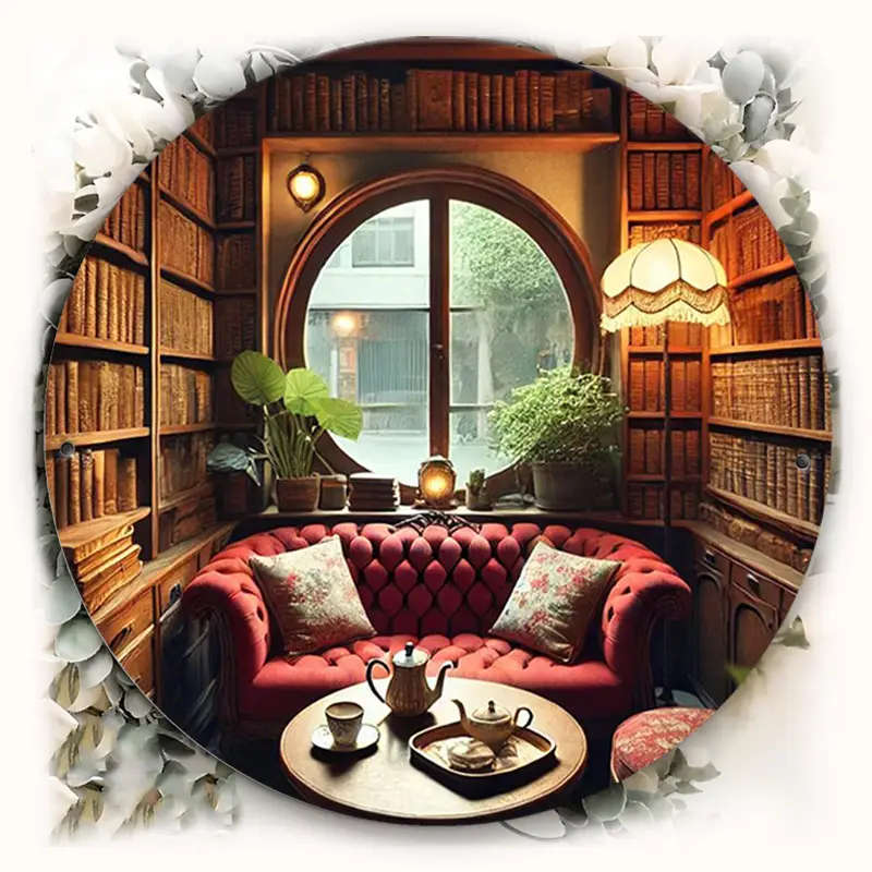1pc Charming 19.81cm Round Aluminum Tin Sign with Cozy Cabin Scene Ideal for Home Kitchen Bar Cafe D