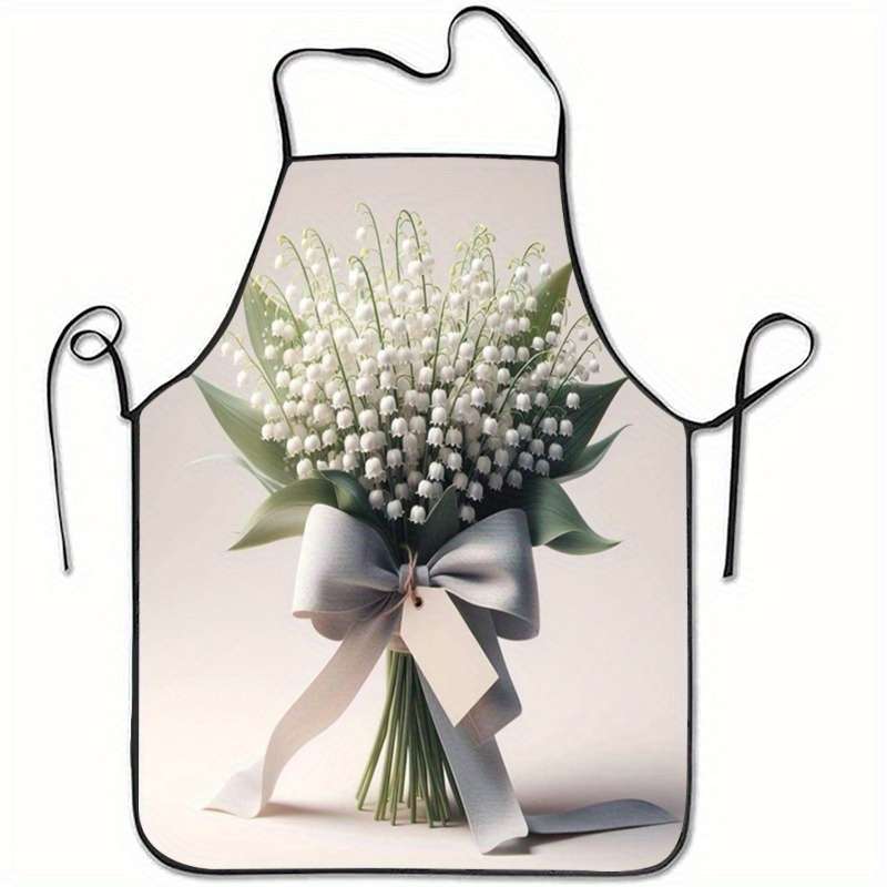 1pc Mother'S Day Lily of the Valley Print Sleeveless Polyester Apron Elegant White Flower R