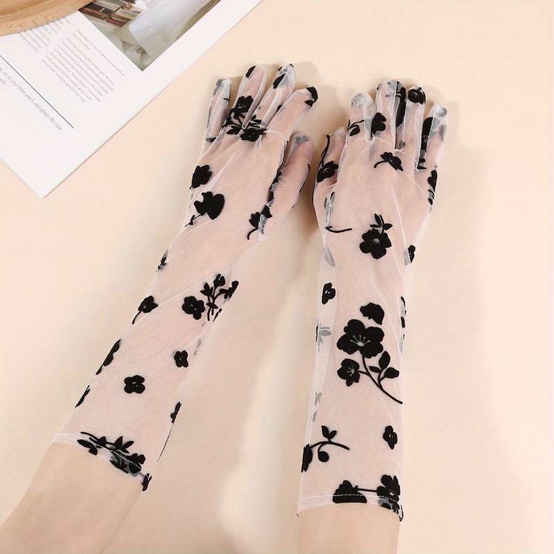 1 Pair Black Retro Rose Long Lace Gloves