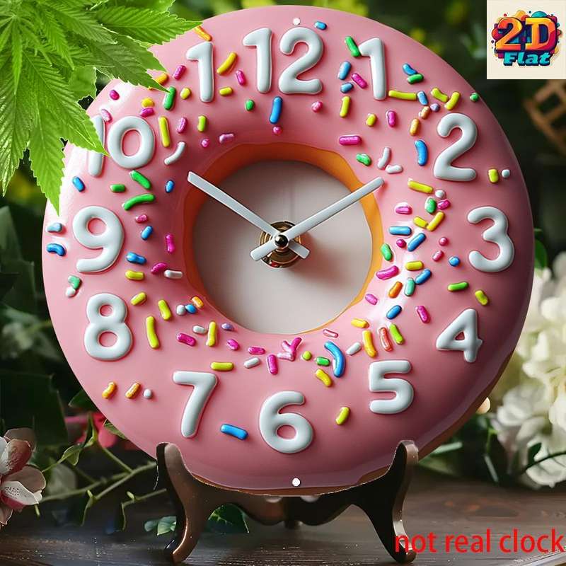 1pc 2D Flat Aluminum Wall Clock Pink Donut Shape with Colorful Sprinkles Frosting Not real clock