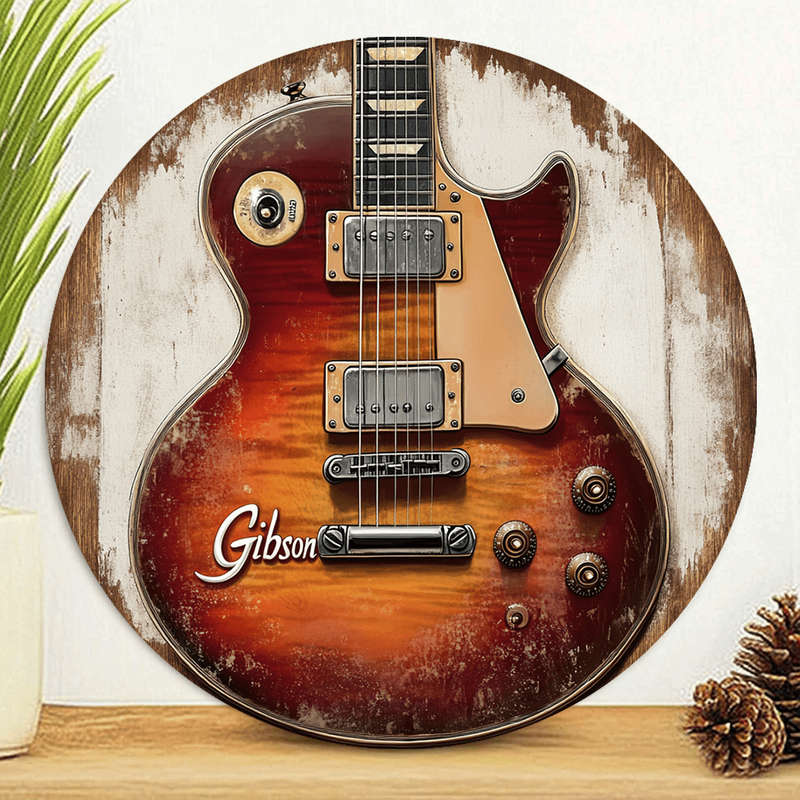 1pc Vintage Gibson Guitar Aluminum Wall Art Sign 19.81x19.81 cm Round Metal Decor with Distressed