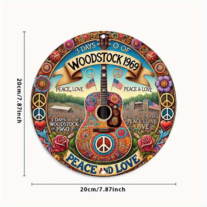 1pc 2D Flat Woodstock Music Festival Hippie Peace Sign Art Retro Round Tin Sign Vintage Wall Dec