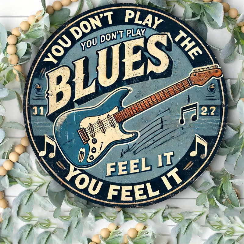 1pc  Vintage Blues Guitar Metal Sign 20.32X20.32 cm Iron Wall Hanging Decor Retro Circular Tin