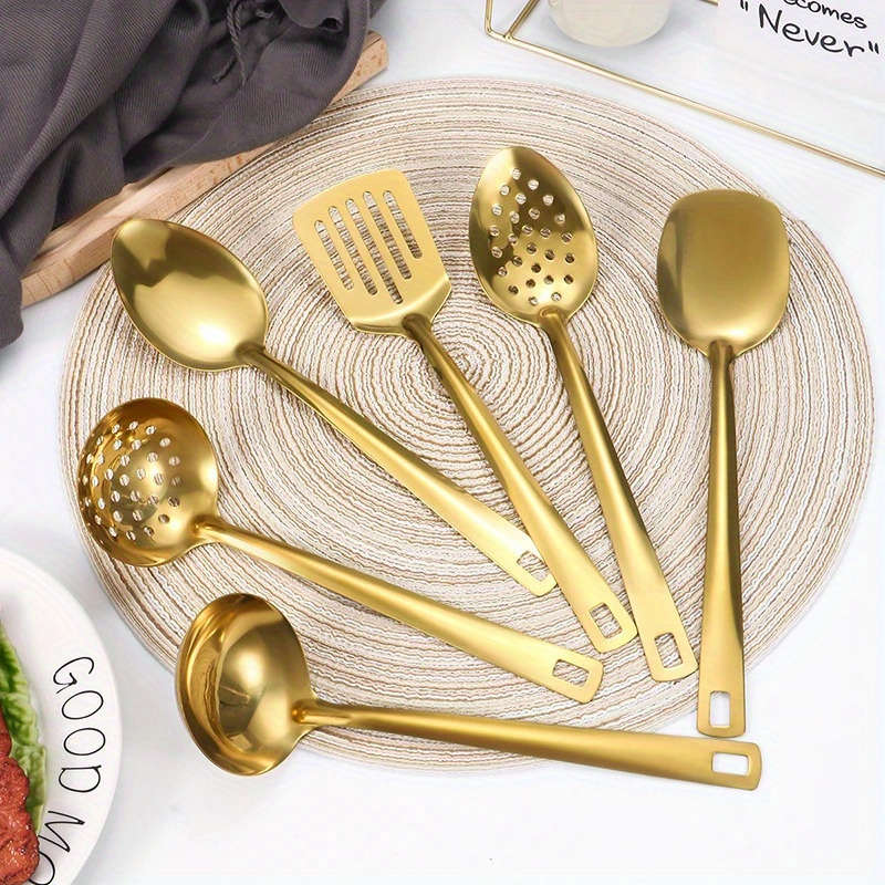 6pcs Gold-Plated Stainless Steel Kitchen Utensil Set Includes Soup Spoon Colander Frying Sh