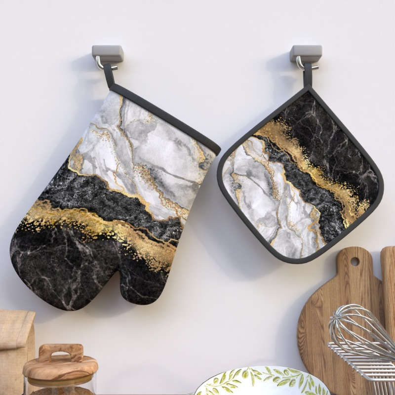 2pcs Marble Pattern Oven Mitt Set 26.92x17.02 cm Heat Resistant Polyester Kitchen Gloves and