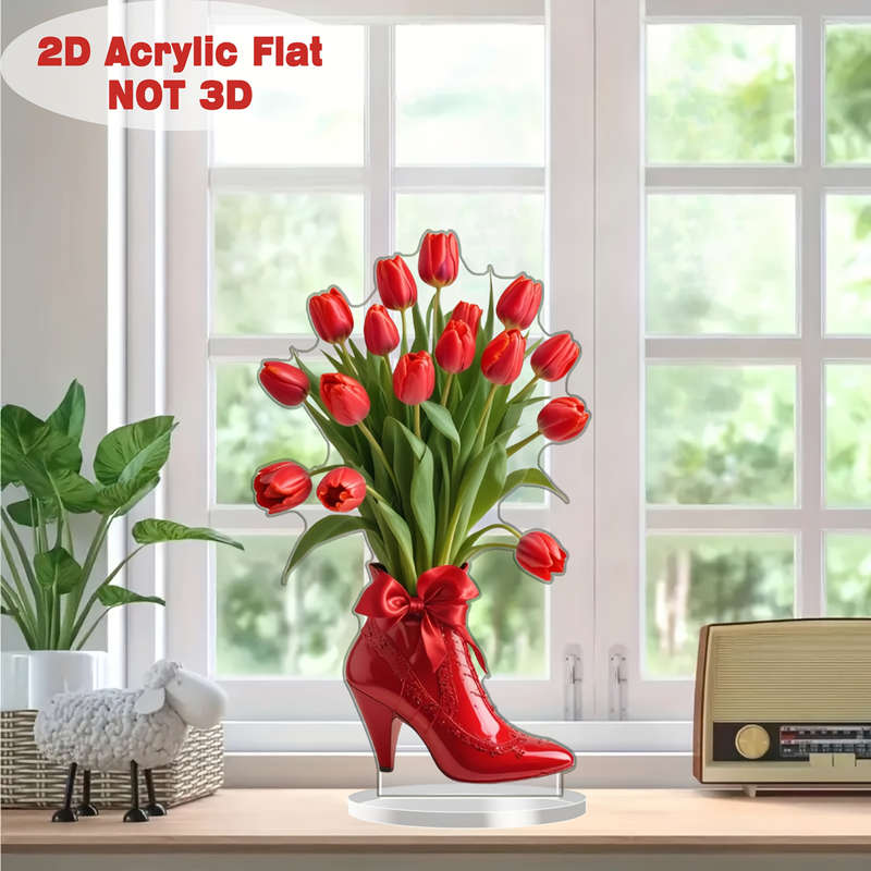 1pc 2D Flat   Classic Red High Heels Tulip Acrylic Desktop Decor Romantic  Design Perfect
