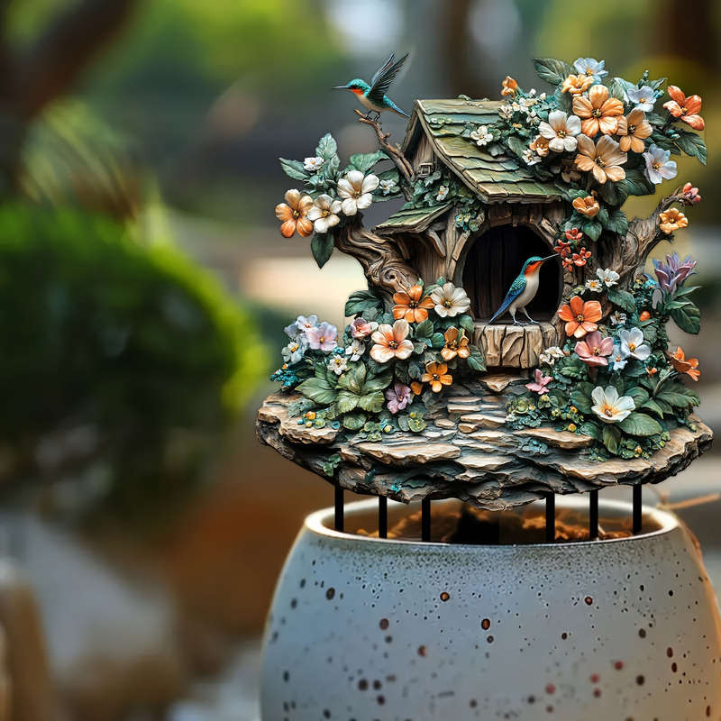 1pc 2D Flat   Acrylic Bird Garden Statue Vibrant Floral Design with Singing Bluebird in Birdhou