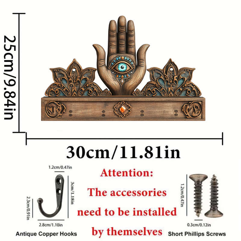 1pc Palm and All-Seeing Eye Simple and Colorful Wooden and Key Hook with Four Metal Hooks 30.0cm x