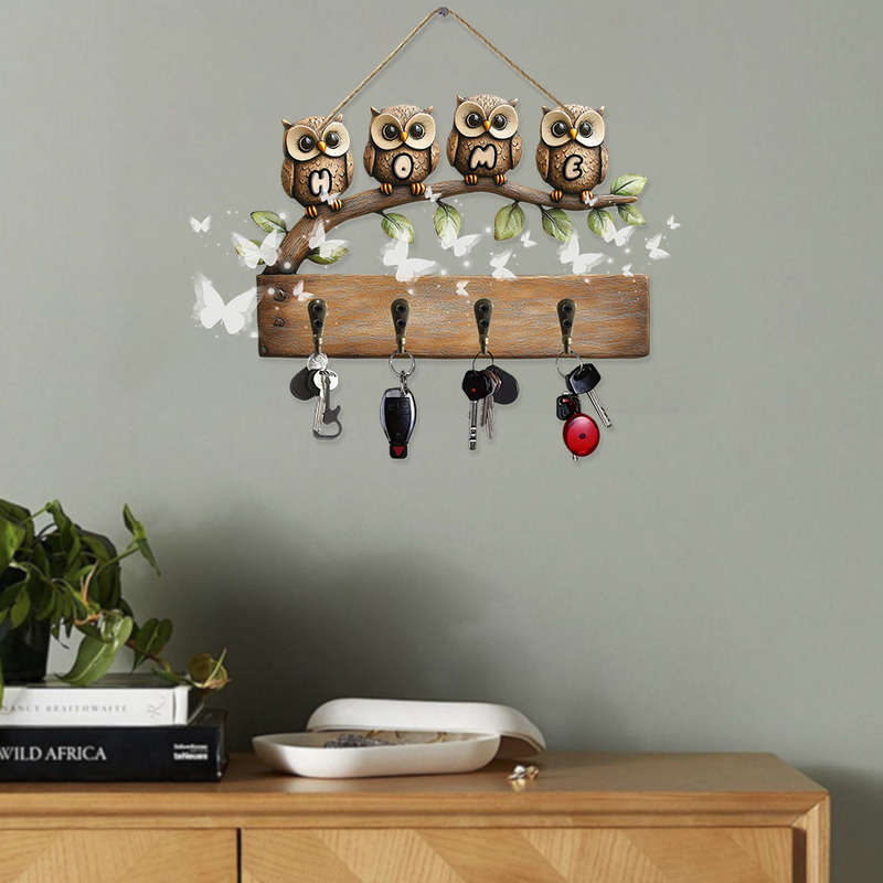 Vintage Owl Family Wall Hook RackRustic Wooden Key Holder with 4 Hooks Charming Owl Design for H