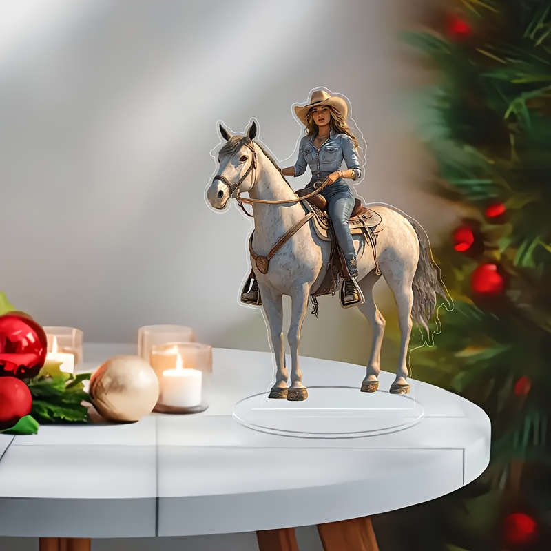 1pc 2D Flat  Acrylic Cowboy Riding Horse Statue Classic Western Style Transparent Collectible No