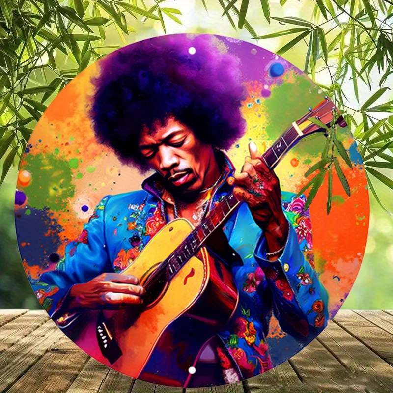 1pc Vibrant Jimi Hendrix-Inspired Metal Wall Art Round Decor Sign with Splattered Paint Design 1