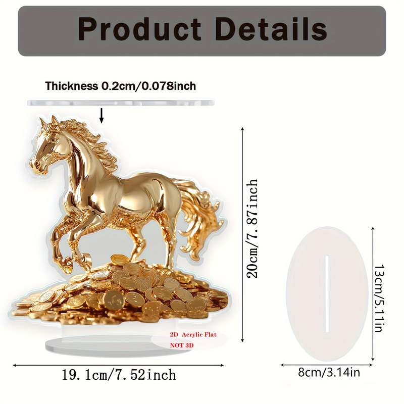 1pc 2D Flat   Elegant Bohemian Style Golden Acrylic Horse Statue with Money Stand 19.99 cm Tal