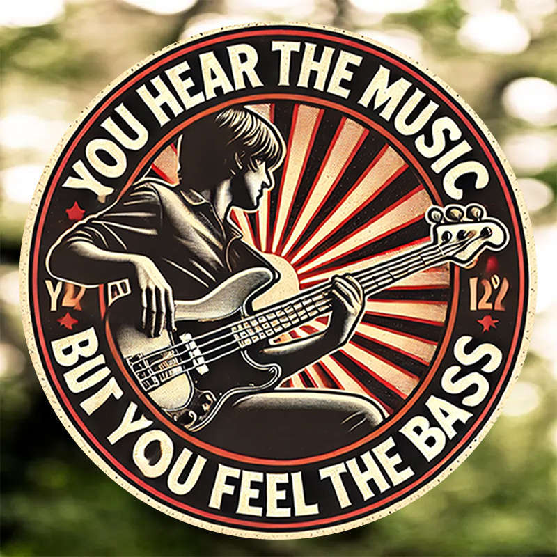 1pc Retro 8-Inch Round Metal Sign with Electric Bass Guitar Design 'You Hear the Music But You F