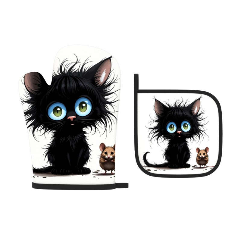 2pcs Heat-Resistant Oven Mitts Potholders Cute Black Kitten Brown Mouse Design 26.92x17.