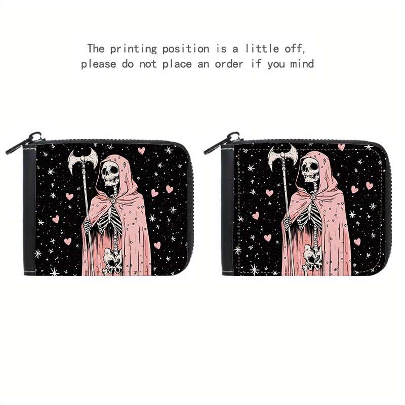 1pc Grim Reaper Pink Skull Print Wallet with 9+2 Card Slots C Stylish Zippered Purse for Everyday U