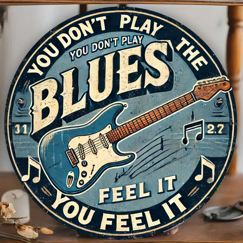 1pc  Vintage Blues Guitar Metal Sign 20.32X20.32 cm Iron Wall Hanging Decor Retro Circular Tin